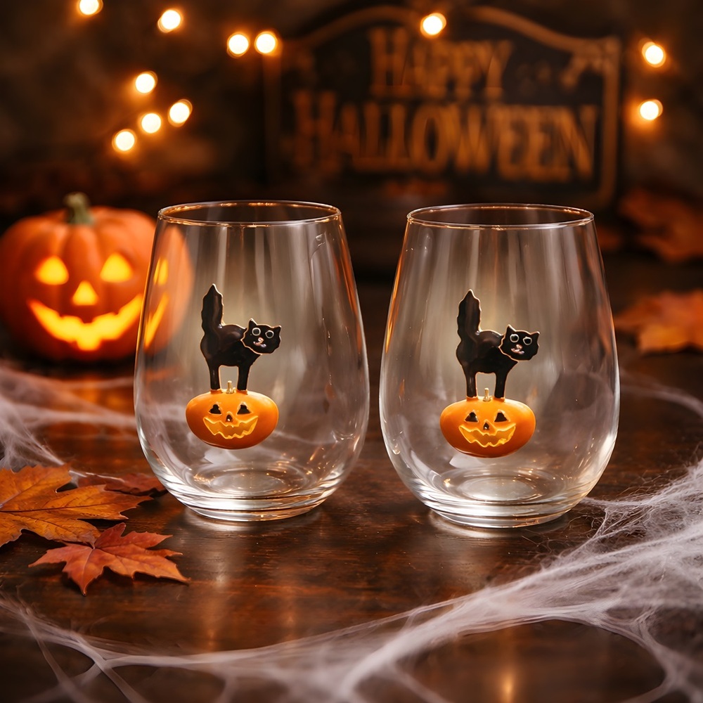 *NEW* Halloween Stemless Glasses Set with Black Cat and Orange Pumpkin